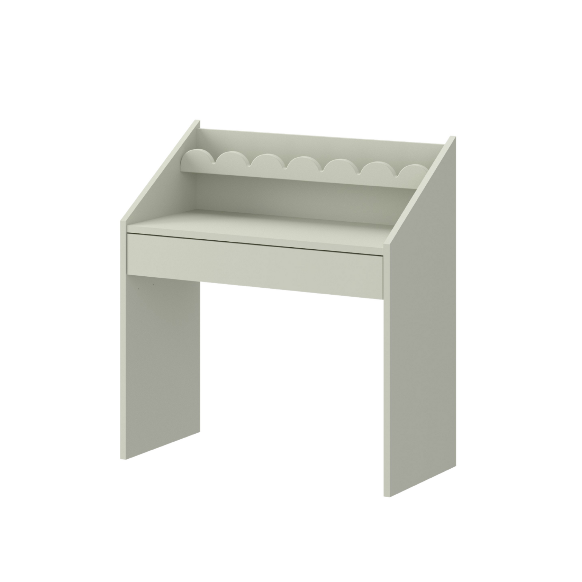 Light gray children's desk with a shelf on a white background