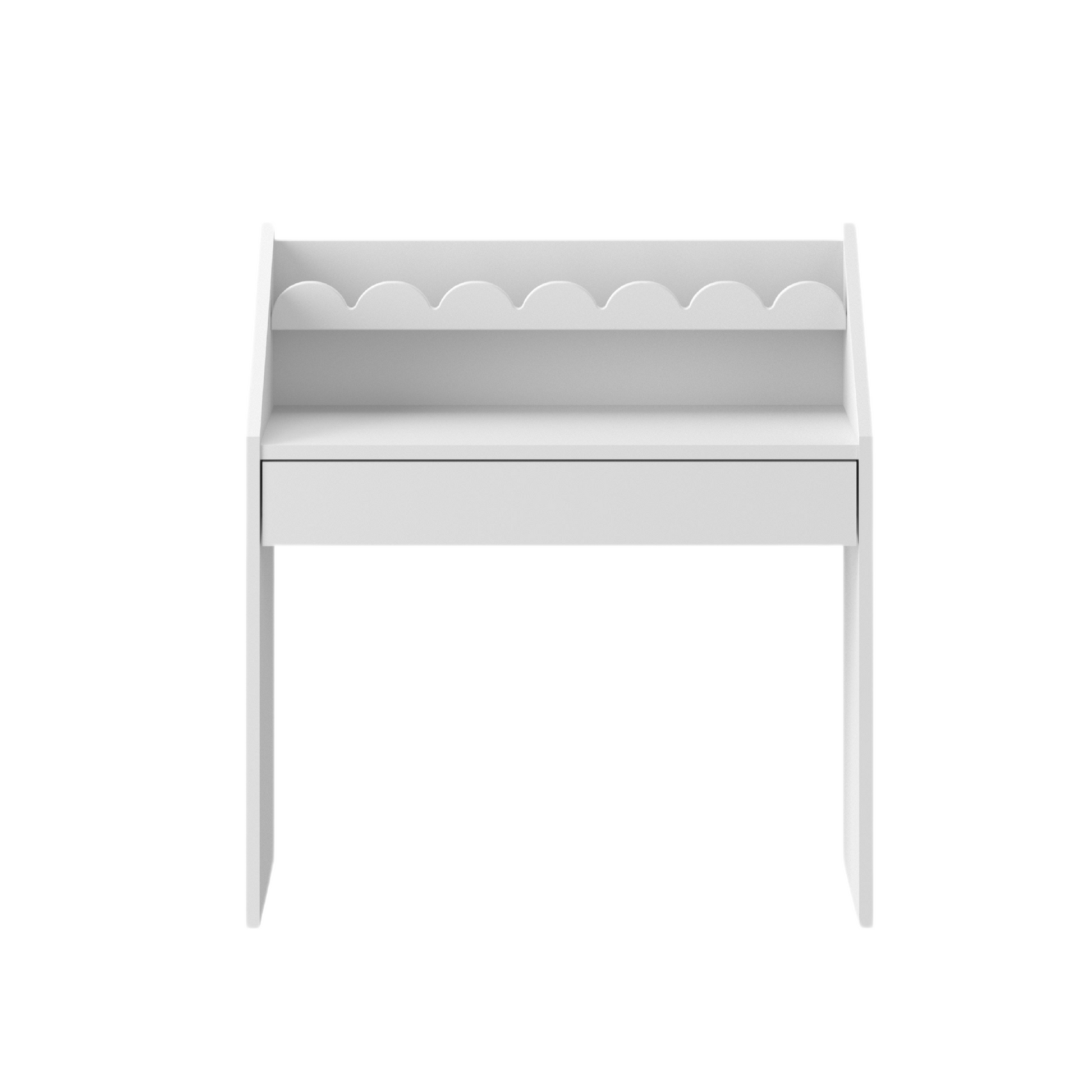White Montessori desk with drawer and scalloped upper shelf, child-sized study desk for ages 2.5 to 7.