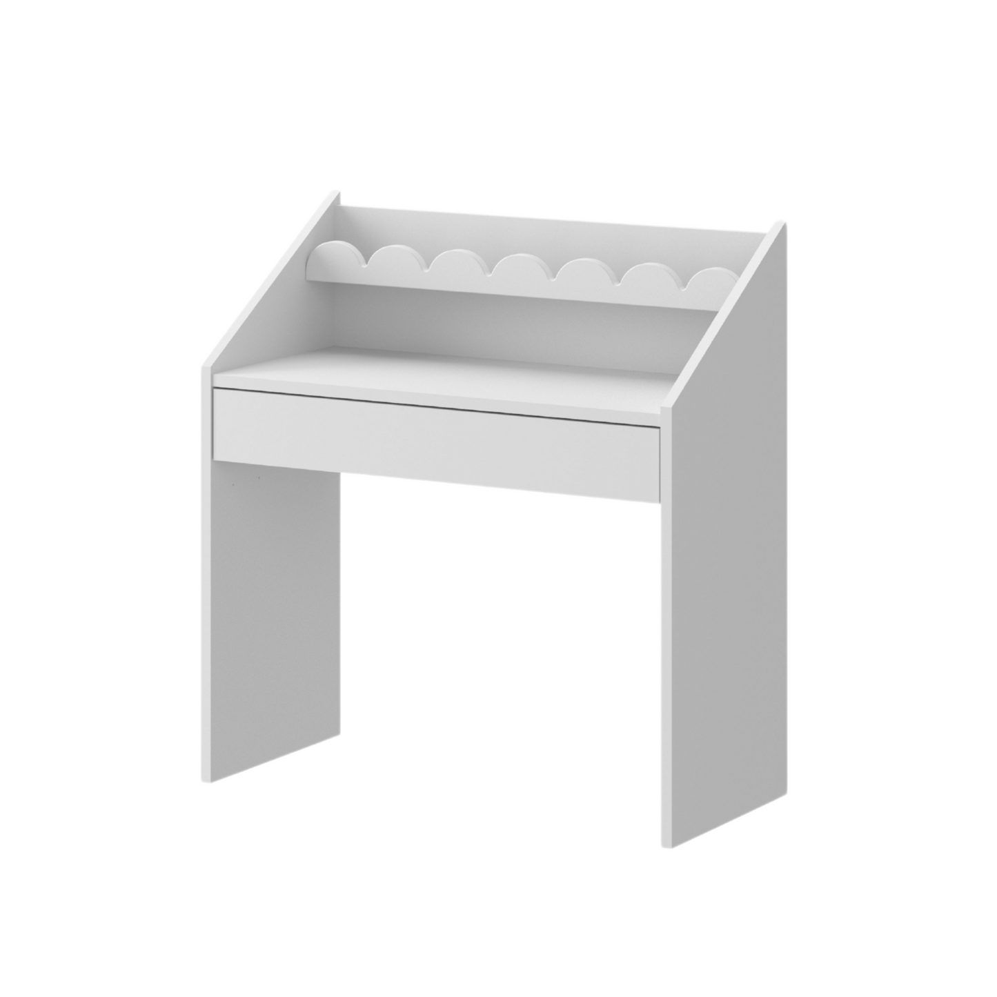 White children's desk with a shelf on a white background