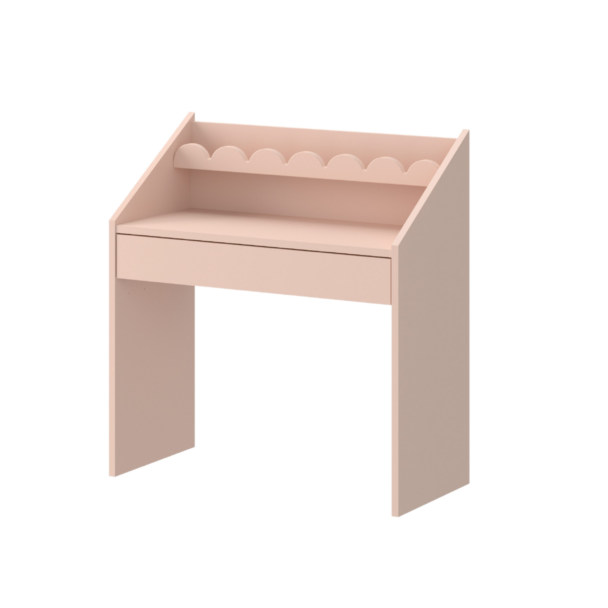 Pink children's desk with a scalloped edge on a white background