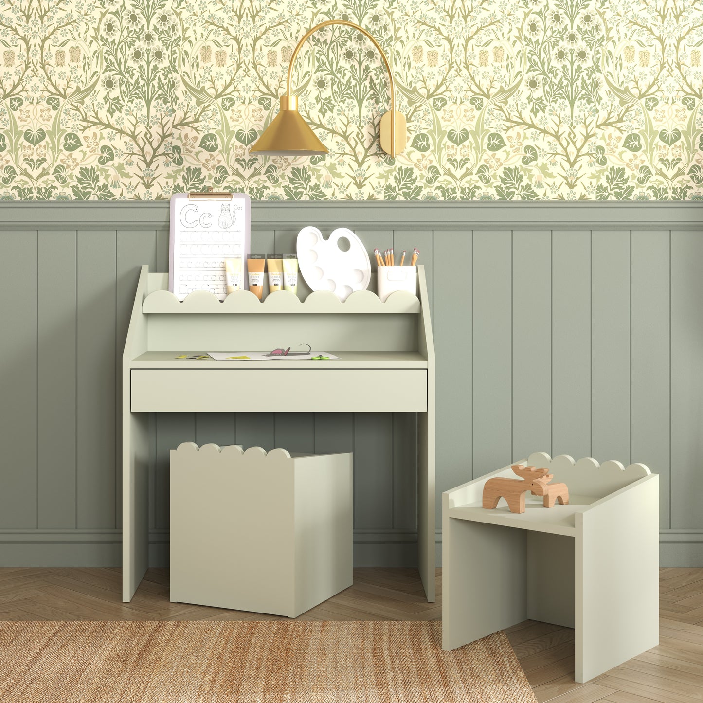 Children's desk and chair set with decorative wall and lamp in a room.