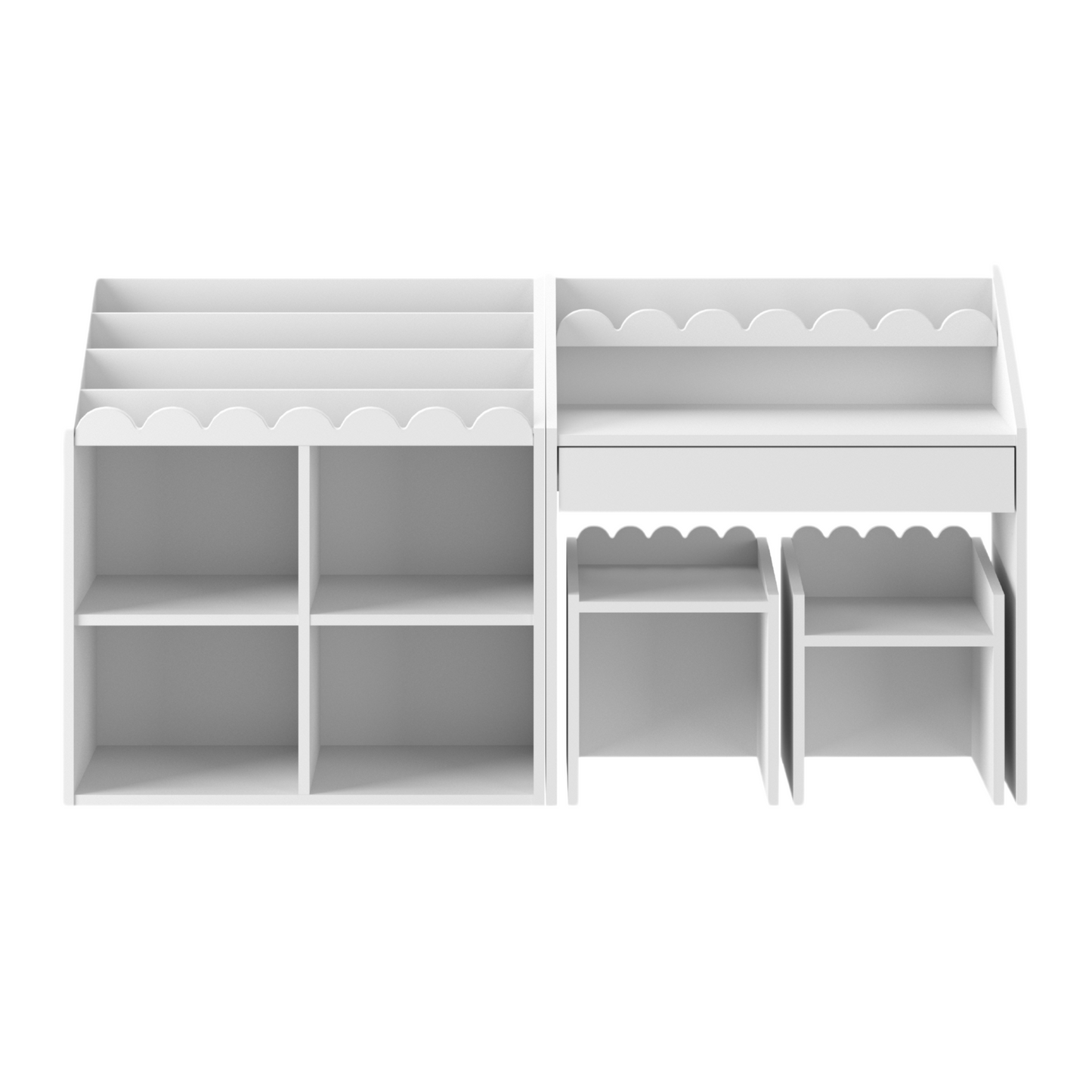 White children's play desk with shelves and drawers on a white background