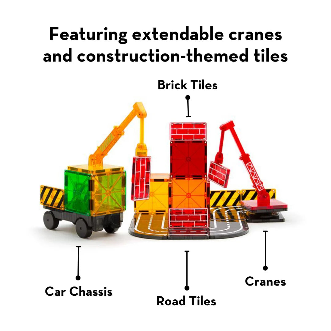 Toy construction set with extendable cranes and labeled components on a white background