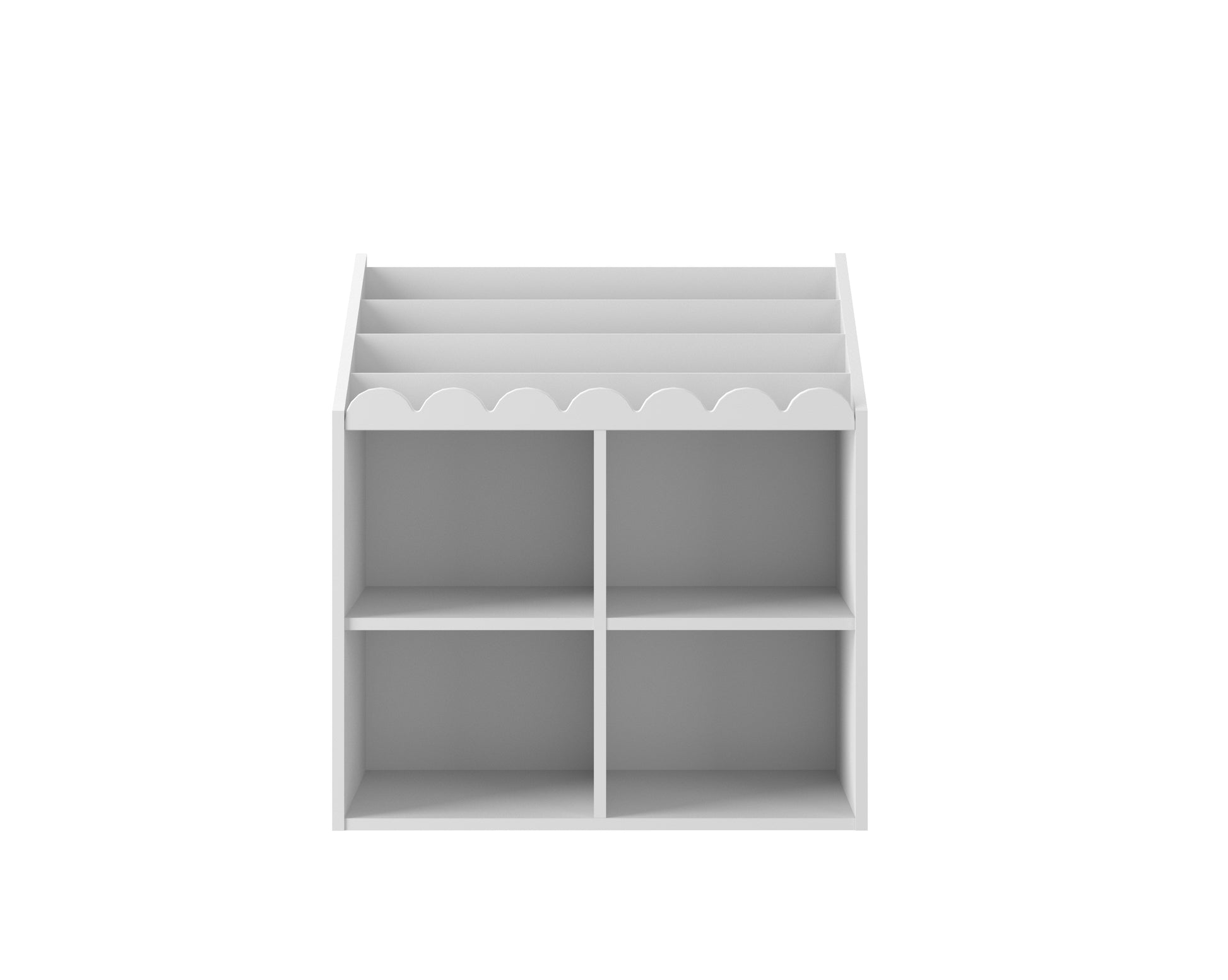 White bookshelf with decorative top on a white background
