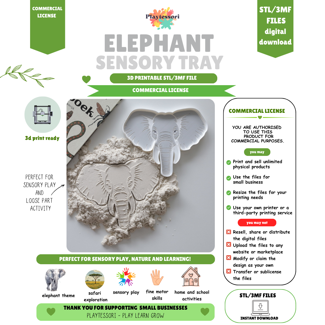 Elephant Sensory Tray STL 3MF file, Commercial License, 3D printable Montessori safari loose parts tray digital download
