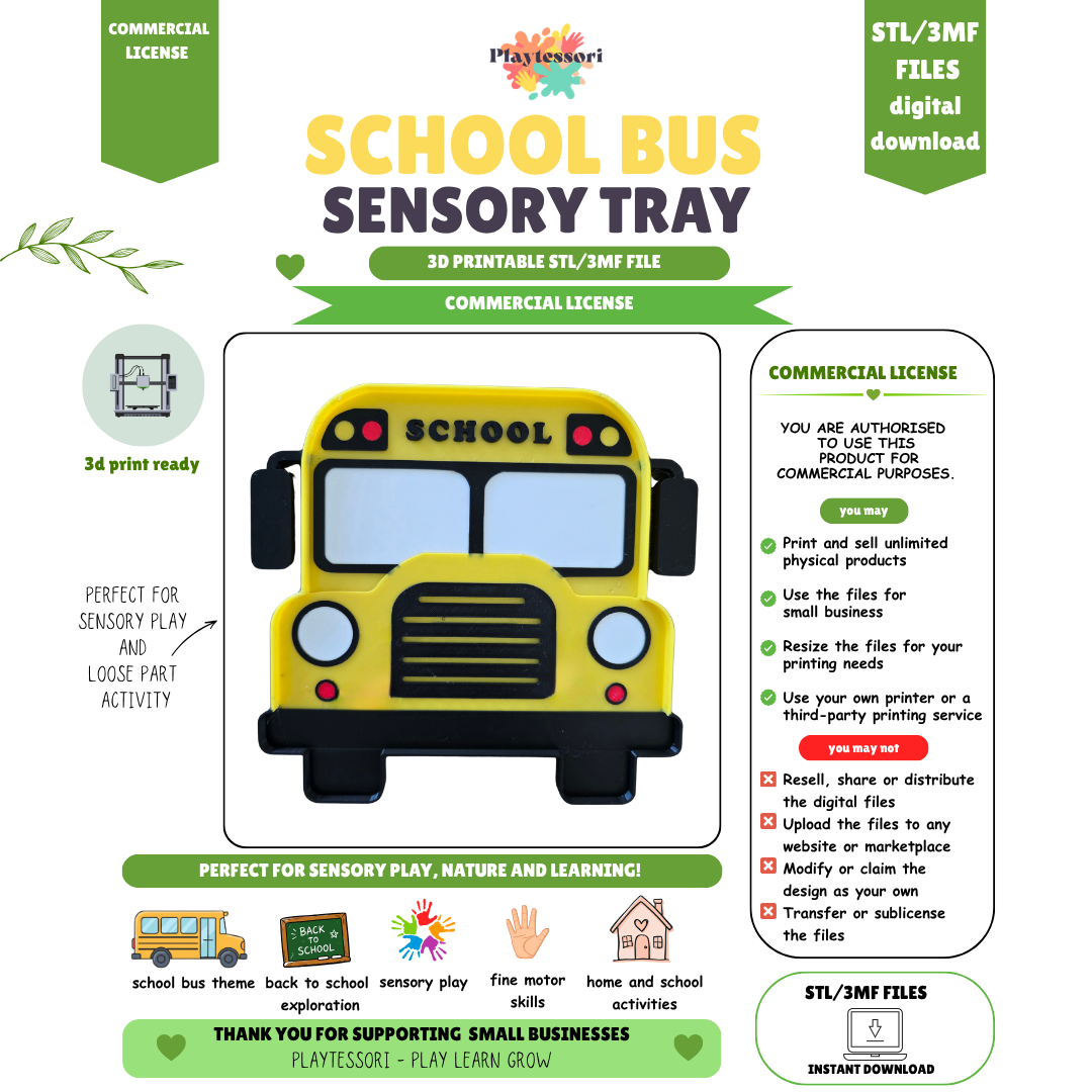 School Bus Sensory Tray STL 3MF file, COMMERCIAL License, 3D printable Montessori back-to-school loose parts tray digital download