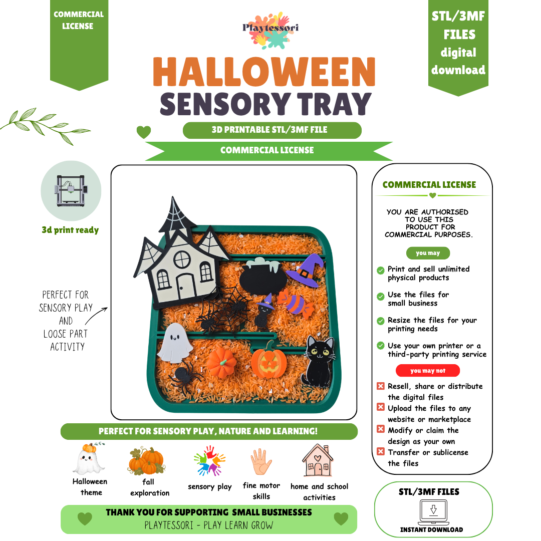 Digital STL/3MF files for a Halloween sensory tray set including haunted house, ghost, black cat, spiders, cauldron, witch hat, jack-o'-lantern, mini pumpkin and mini candy counting pieces — available with Personal/School or Commercial license, instant download for 3D printing
