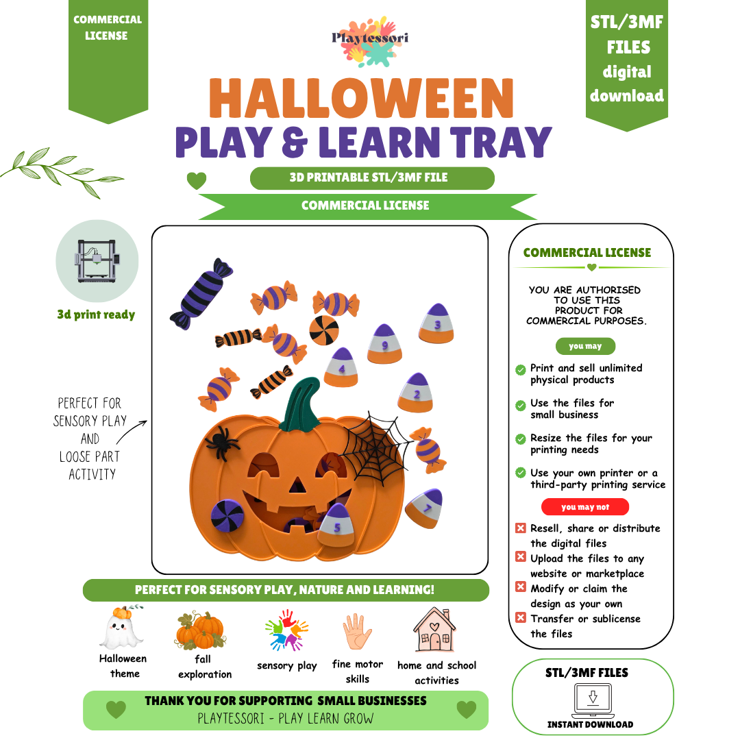 Digital STL/3MF files for a pumpkin-shaped Halloween Play & Learn Tray with numbered candy corn counters (0-9), mixed candies, spiders and spider web Commercial liense