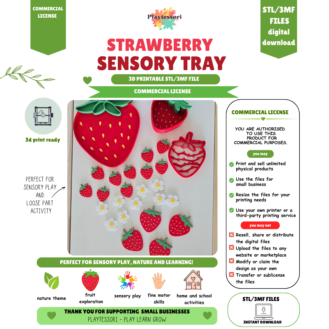 Strawberry sensory tray set STL file with commercial license, close-up of tray, bowl, cutter and minis