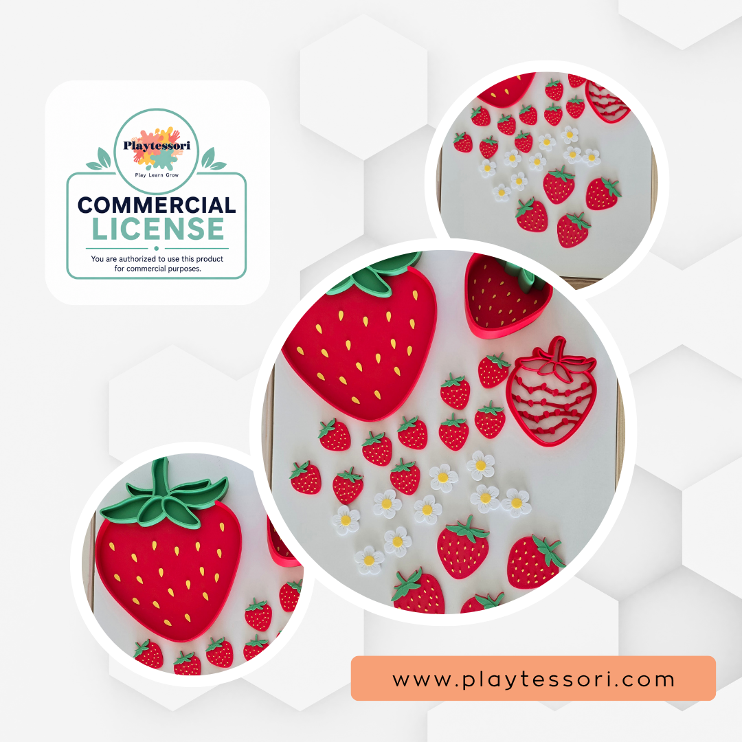 Strawberry sensory tray set STL 3MF file with commercial license, fruit Montessori toy set