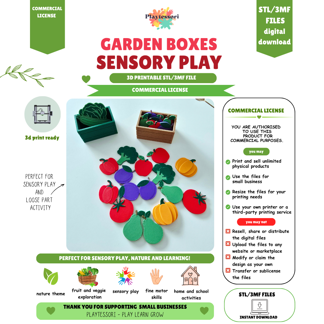 Garden box sensory set STL file with commercial license, close-up of crate with vegetables and minis