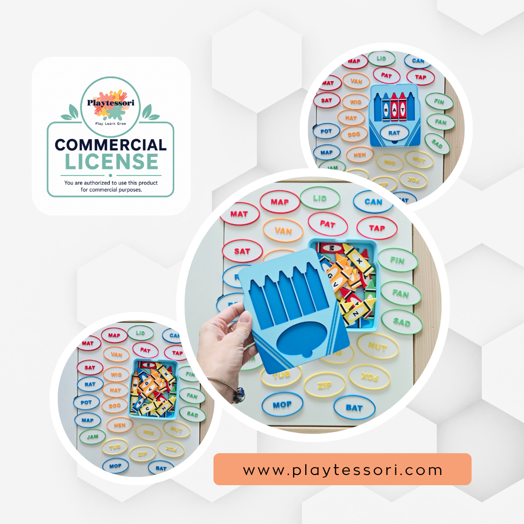 Playtessori commercial license badge with CVC crayons box set design details including letter tiles close-up