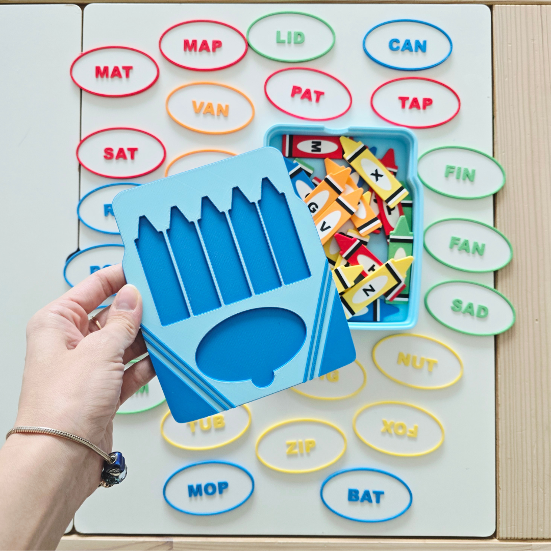 3D printed CVC crayon box set with letter tiles and word matching ovals, STL file digital download