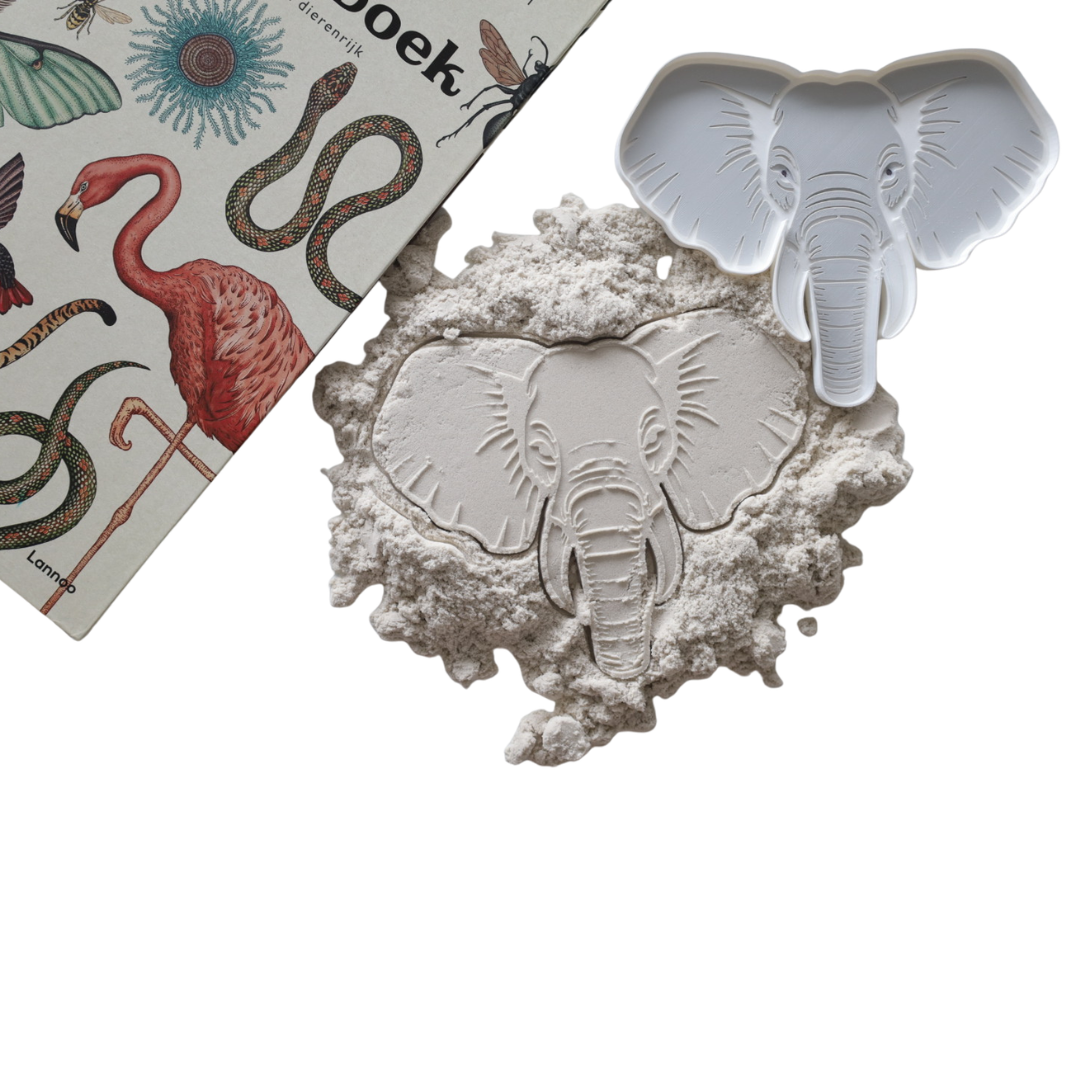 Close-up of 3D printed elephant sensory tray showing detailed ear and trunk texture