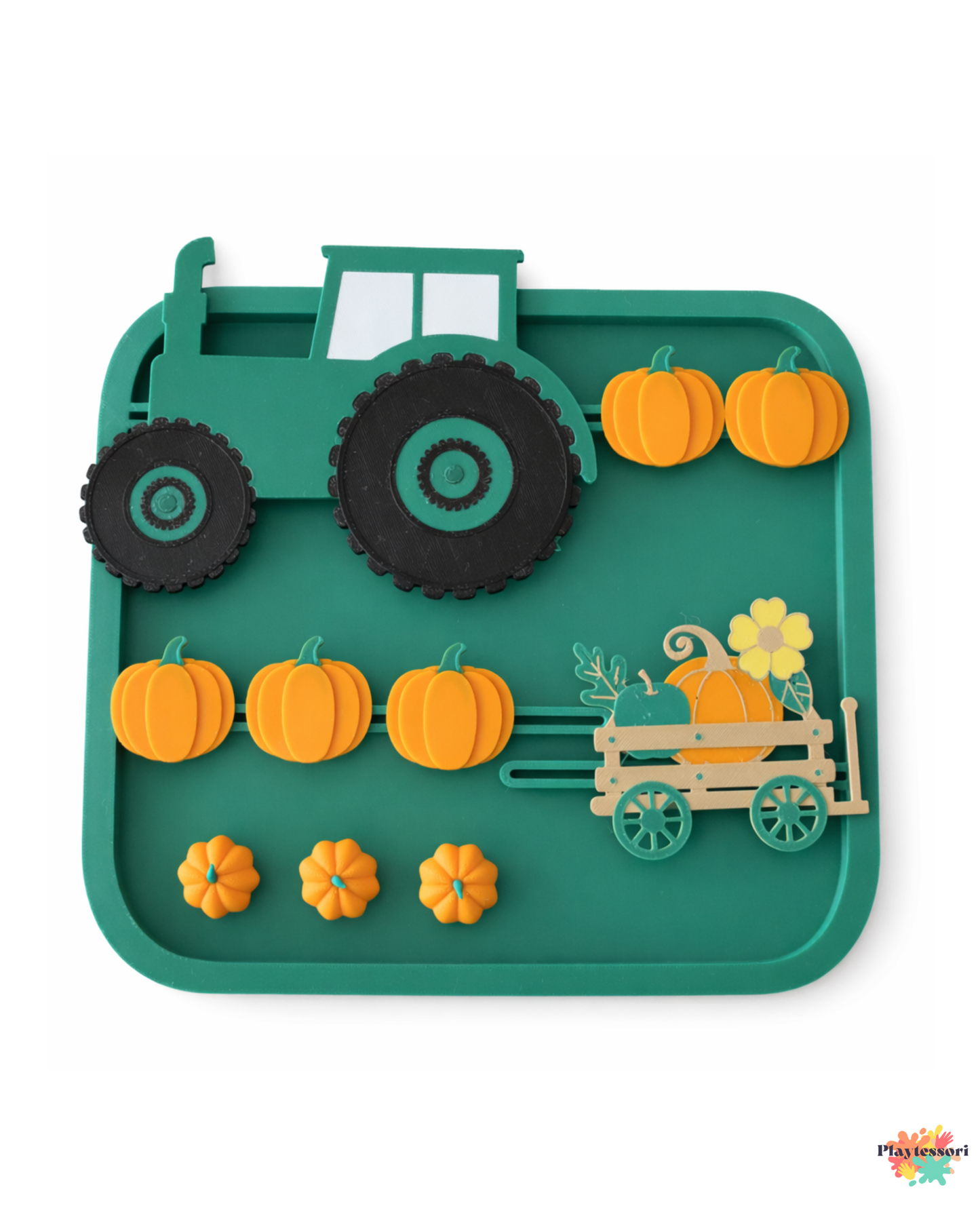 arm sensory tray with tractor, wagon, and pumpkins made from eco-friendly Bio-PLA for Montessori play.
