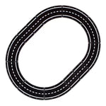 Black oval track with white stitching on a black background