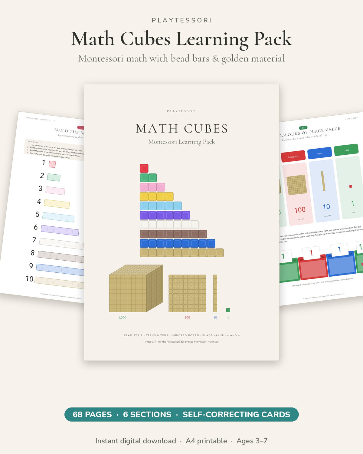 Math Cubes Learning Pack cover with the coloured bead stair and golden material, 68 printable pages