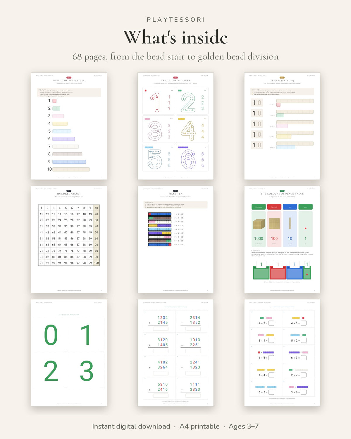 Overview of pages inside: bead stair mat, number tracing, teen board, hundred chart, place value and golden bead cards