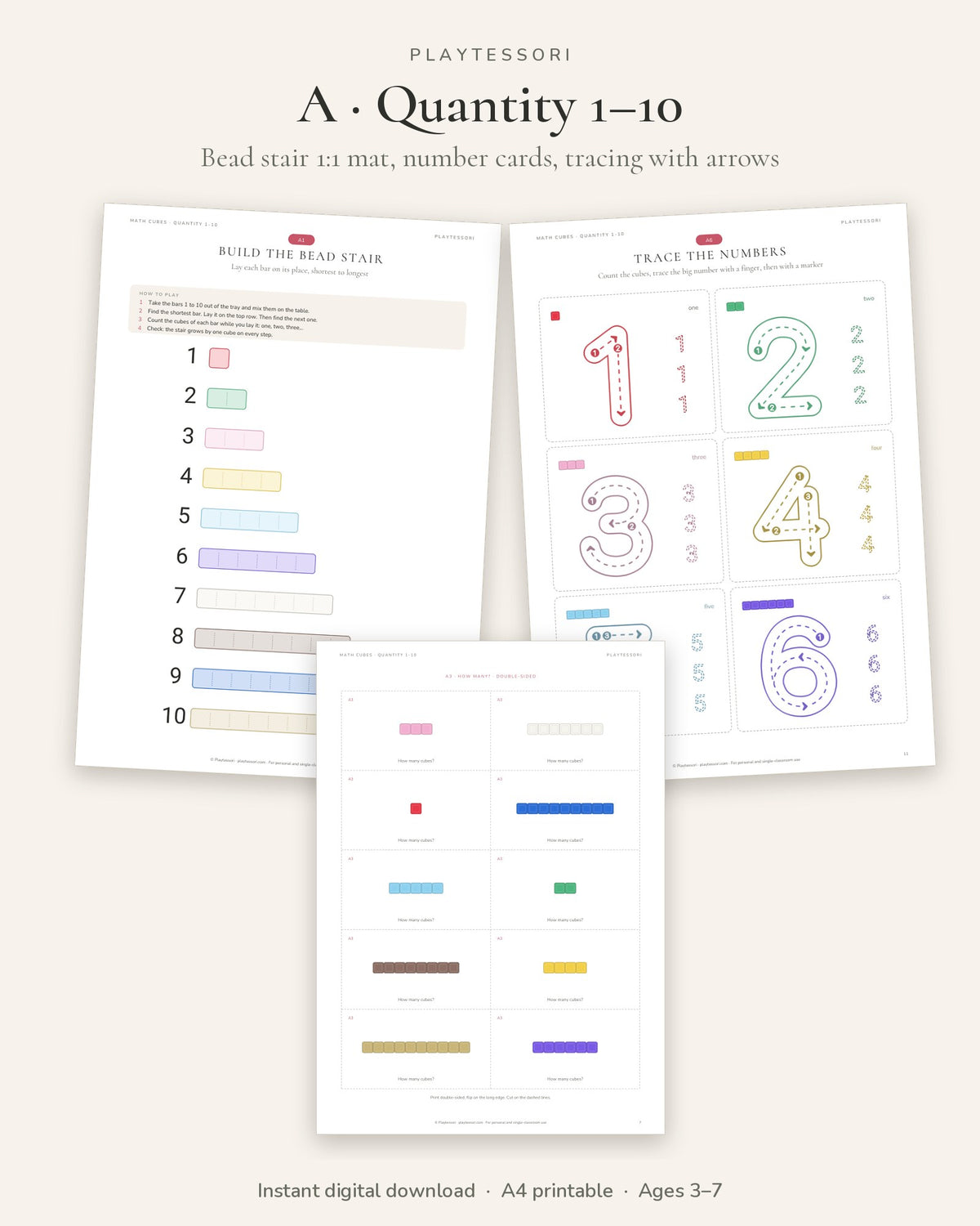 Quantity 1 to 10: bead stair mat, number tracing cards with arrows and how many cards