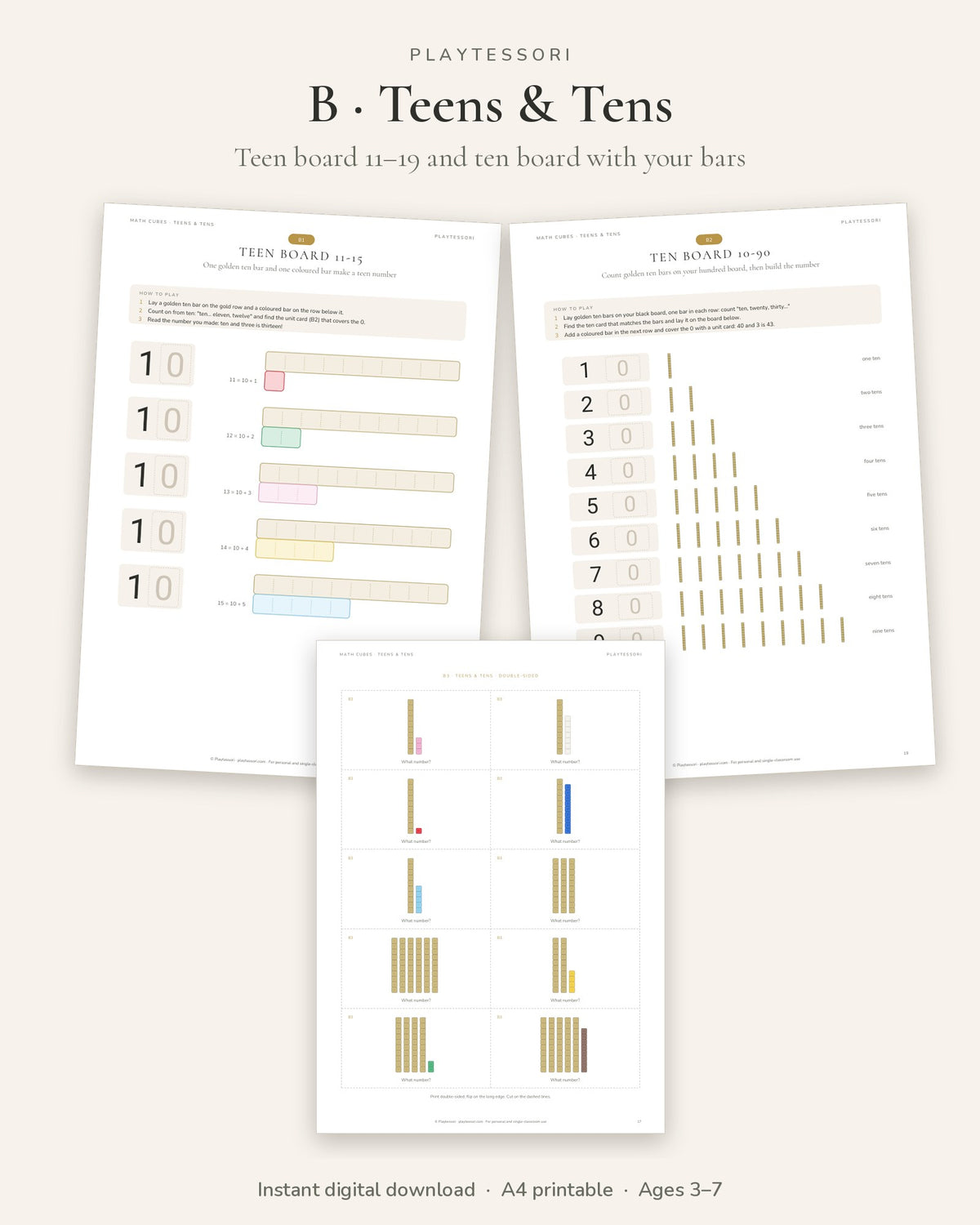 Teens and tens: teen board 11 to 19, ten board and teens and tens cards