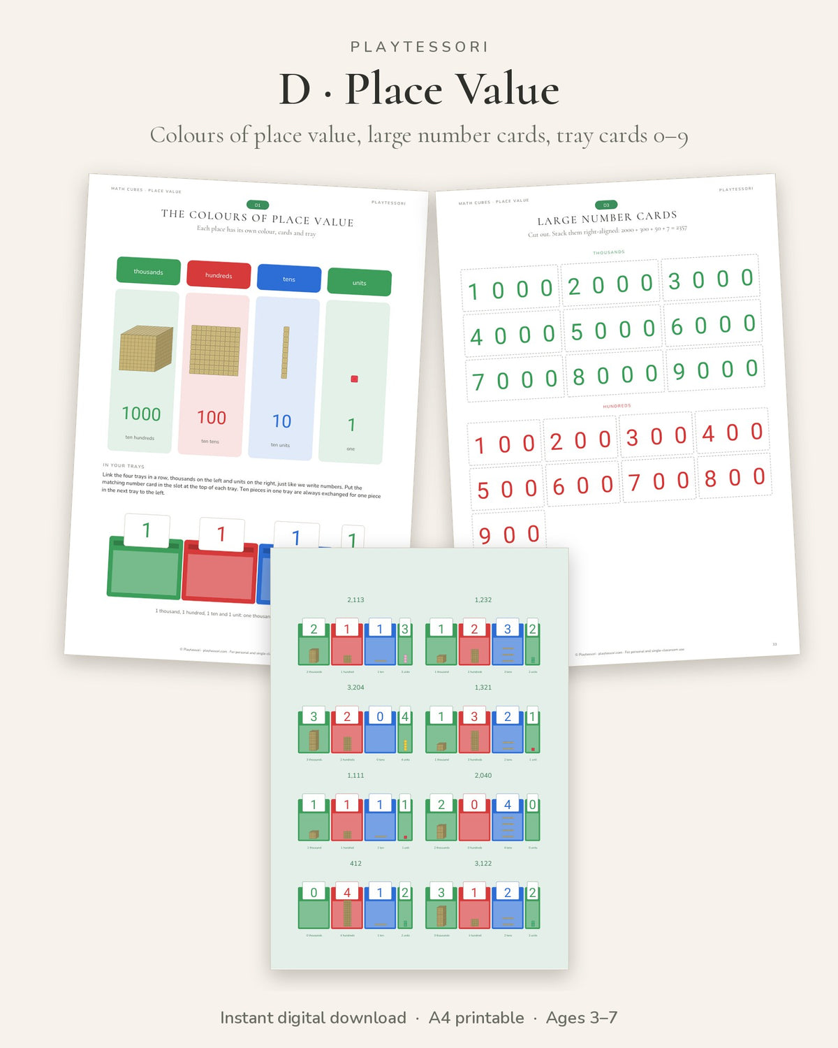 Place value: colours of place value, large number cards and build it in the trays cards
