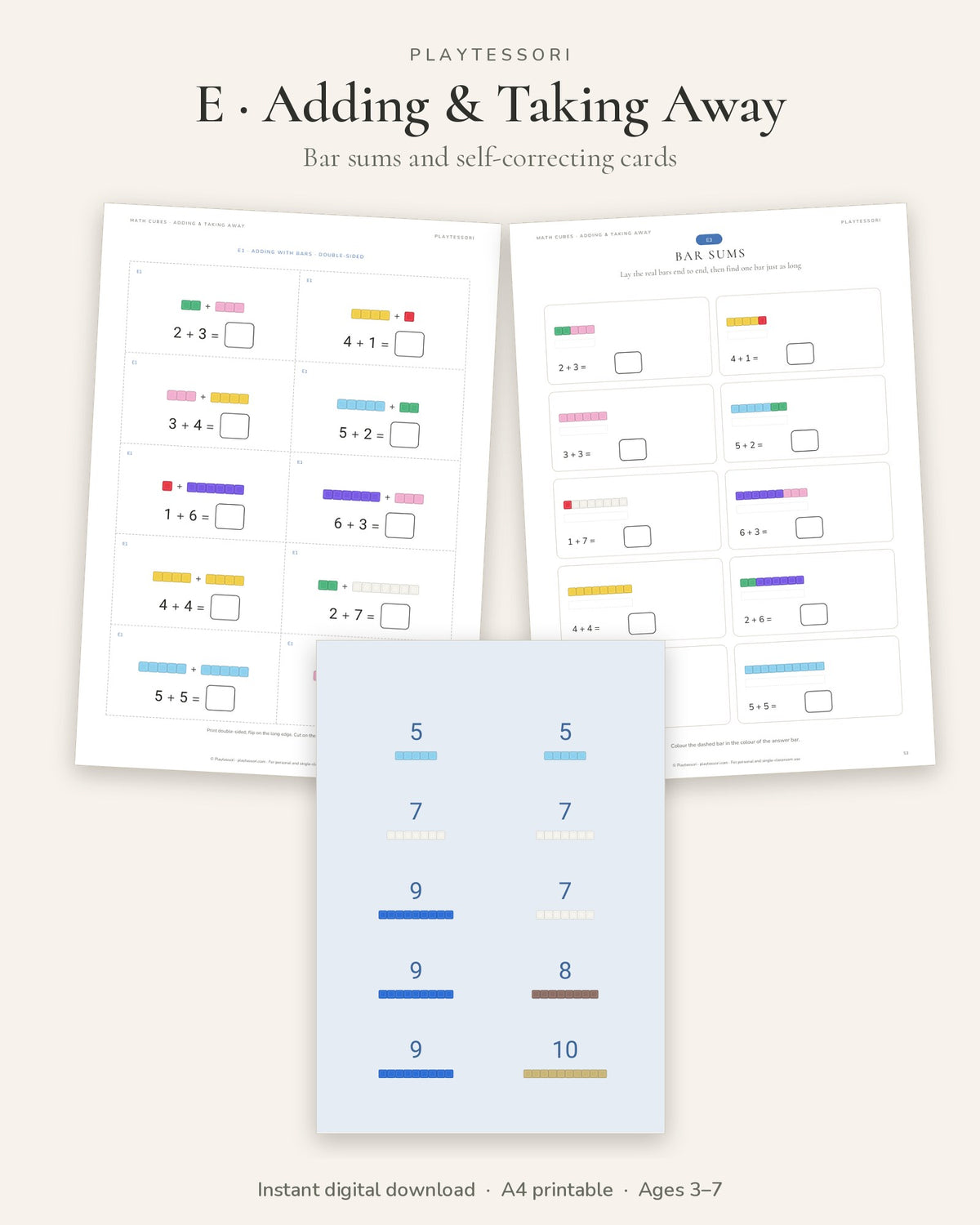 Adding and taking away with bead bars, bar sums worksheet and answer cards