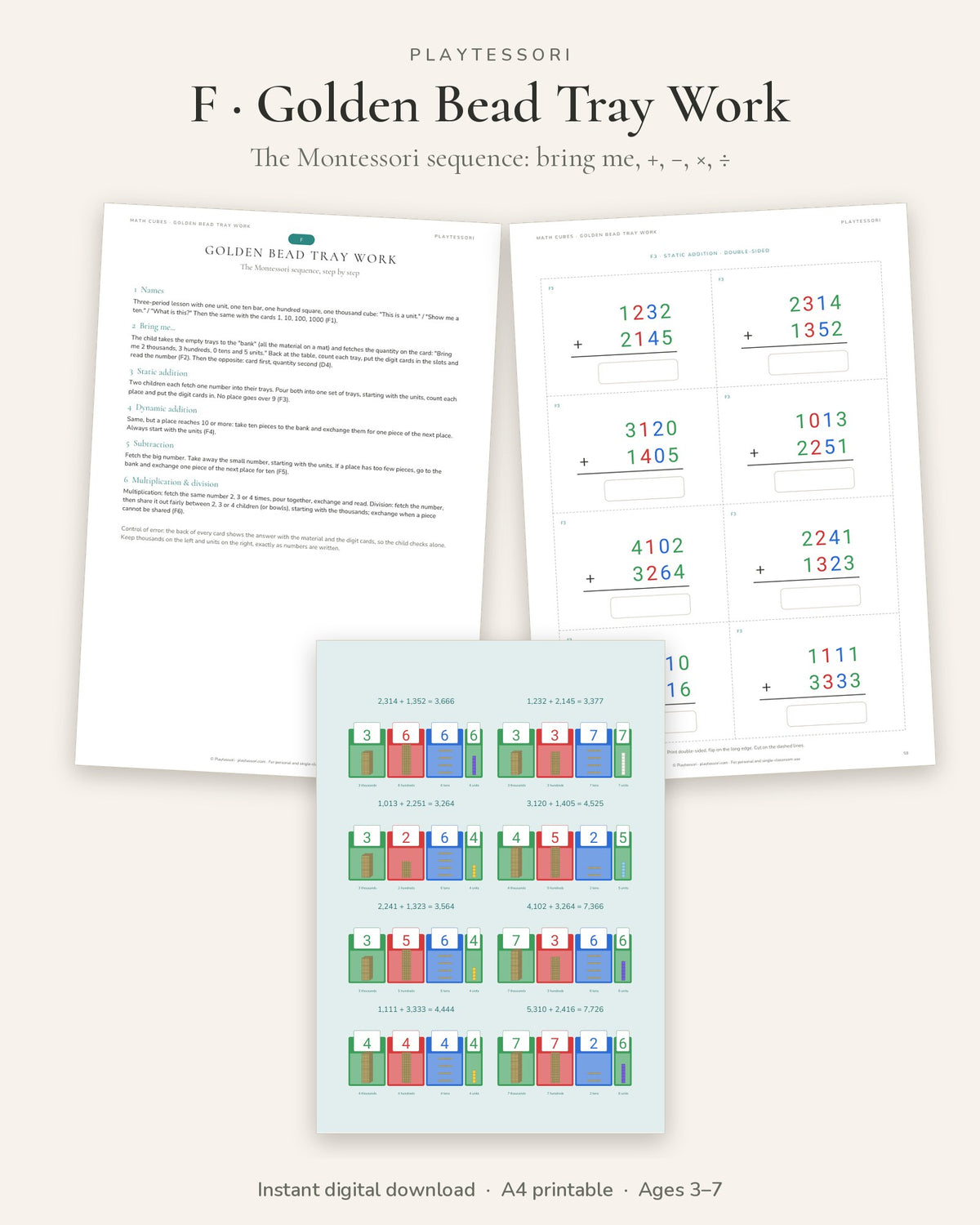 Golden bead tray work: Montessori sequence guide, static addition cards and answers shown in place-value trays