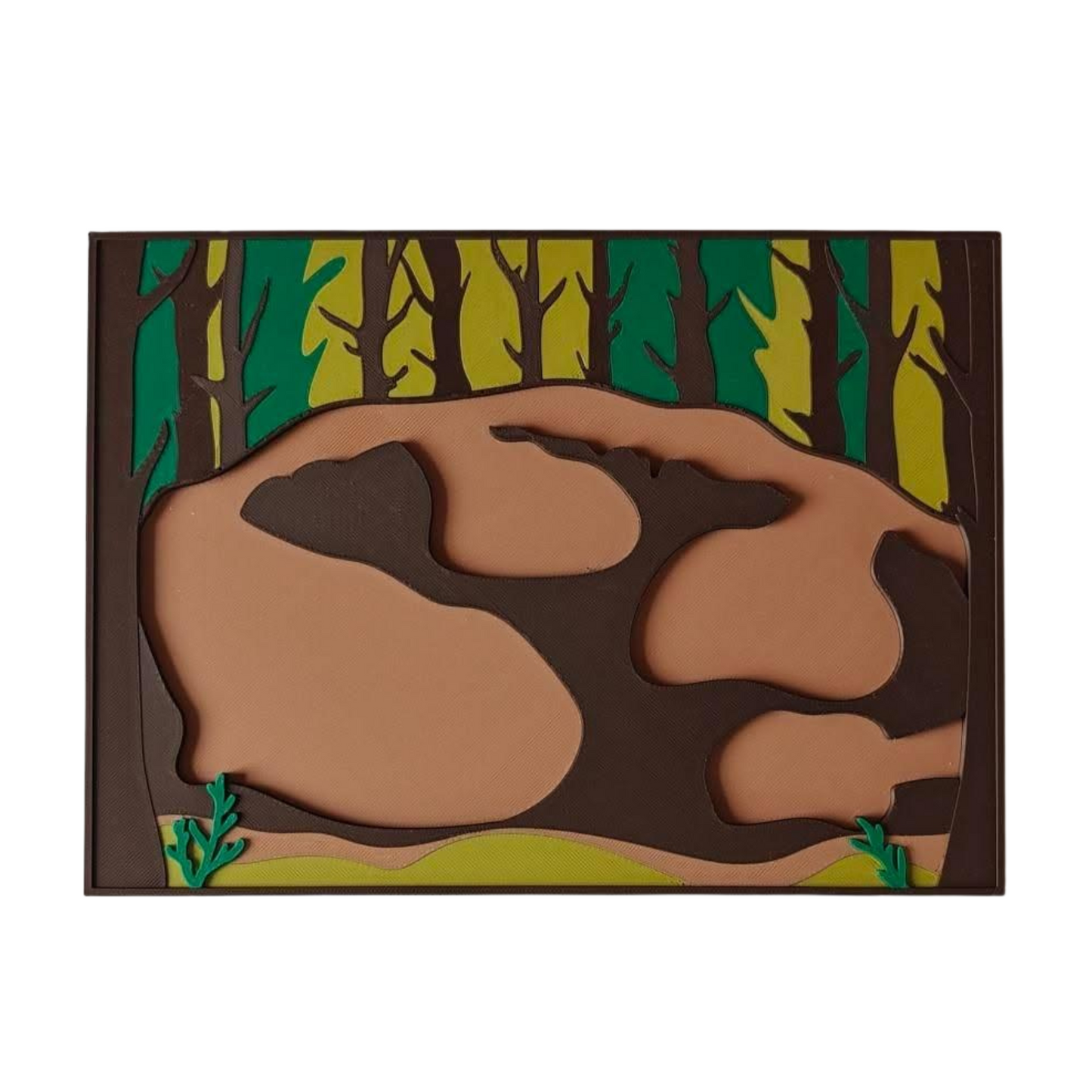 3D printed woodland sensory tray featuring minks in a layered forest landscape, designed for play-based learning, small world play, and nature-inspired sensory activities for kids.
