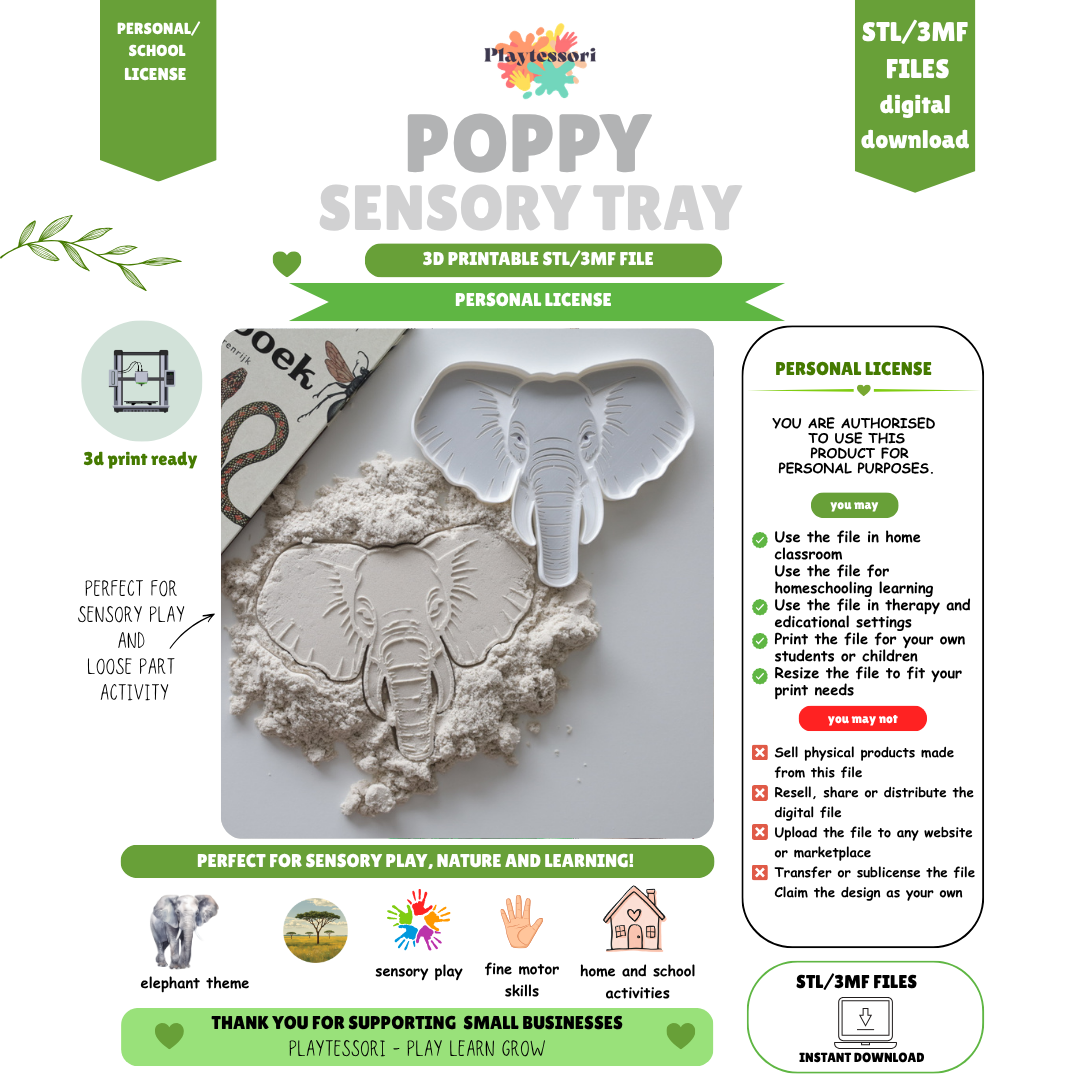 Elephant Sensory Tray STL 3MF file, Personal License, 3D printable Montessori safari loose parts tray digital download