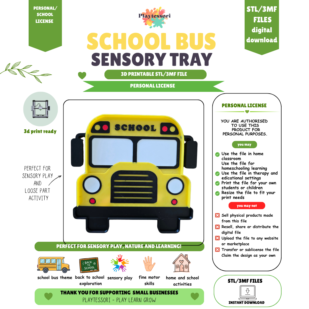 School Bus Sensory Tray STL 3MF file, Personal License, 3D printable Montessori back-to-school loose parts tray digital download