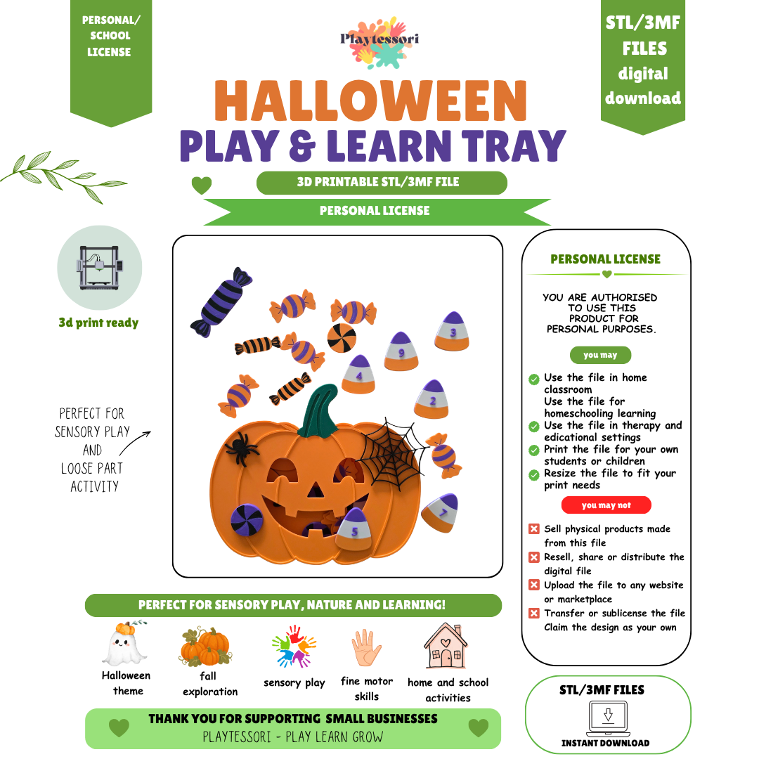 Digital STL/3MF files for a pumpkin-shaped Halloween Play & Learn Tray with numbered candy corn counters (0-9), mixed candies, spiders and spider web. Personal license
