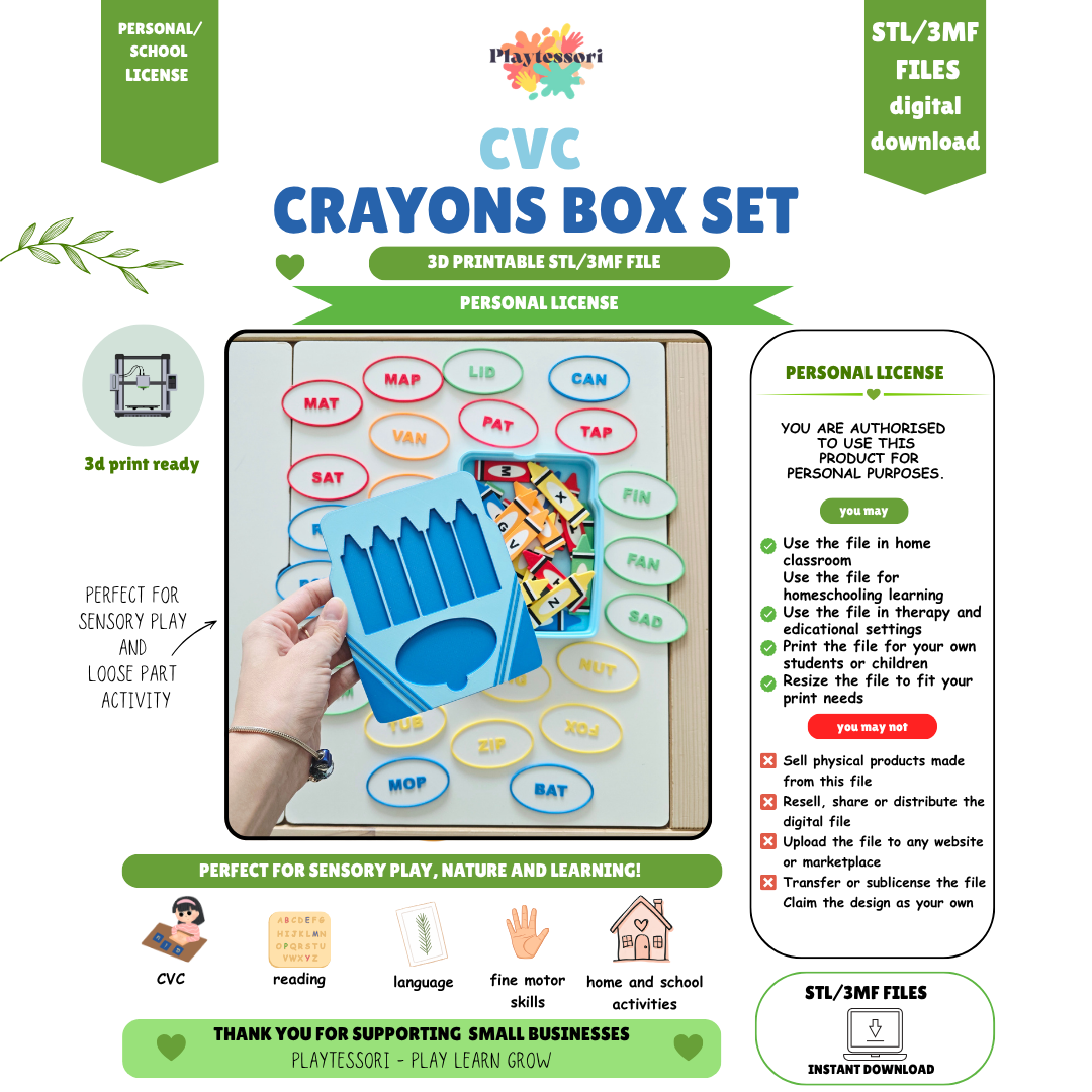 CVC Crayons Box Set 3D printable STL file with personal and school license, instant digital download by Playtessori