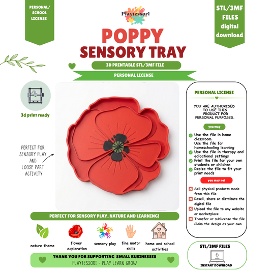 Poppy Sensory Tray STL 3MF file, Personal License, 3D printable Montessori flower loose parts tray digital download