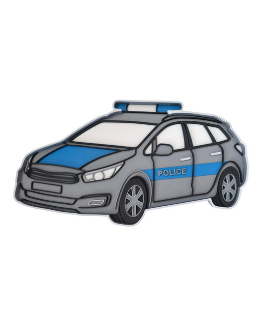 Police car sensory tray for rescue-themed Montessori play and fine motor activities by Playtessori