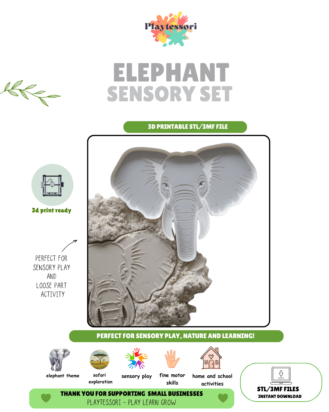 Promotional graphic for the PlayTessessori Elephant Sensory Set, showing a 3D printable elephant-shaped mold and textured elephant-themed play dough. The graphic includes product details, suitability for sensory play, and educational benefits, with the PlayTessessori brand logo at the top.