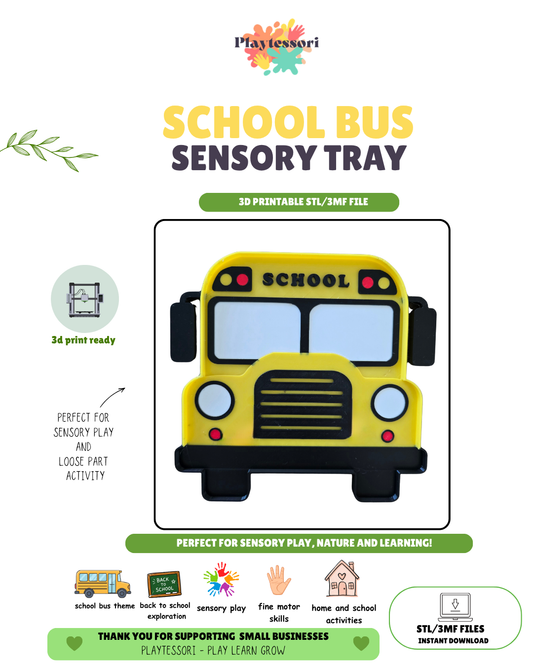 School Bus Sensory Tray STL 3MF file, 3D printable back-to-school loose parts tray digital download