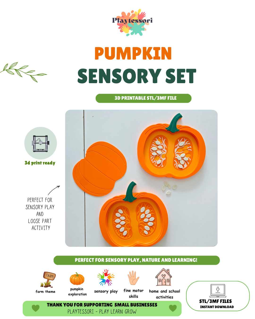 Pumpkin cross section sensory tray 3D printable STL 3MF file, seed vein pattern Montessori toy