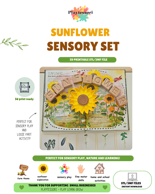 Sunflower sensory tray STL file with personal school license and commercial license, farm garden digital download