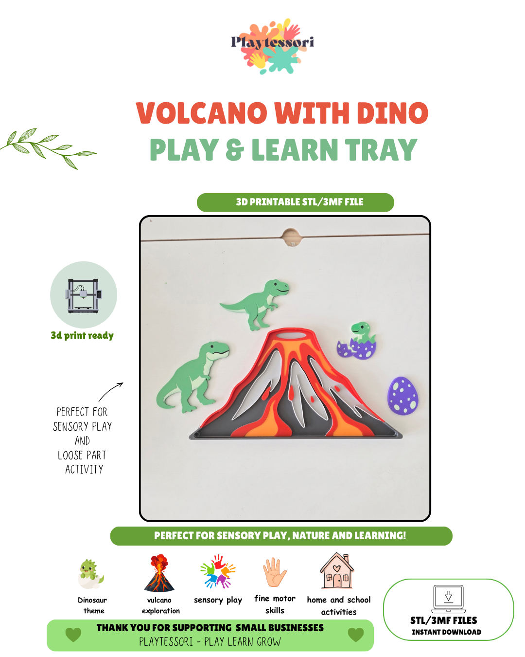 Volcano with Dino Play & Learn Tray STL/3MF