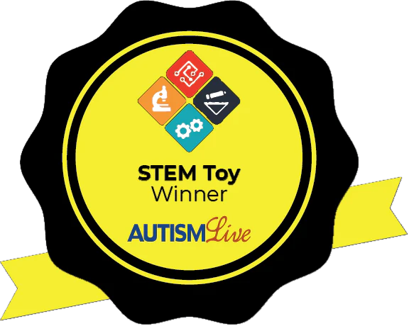Badge with 'STEM Toy Winner' and 'Autism Live' text, featuring colorful icons on a yellow background.