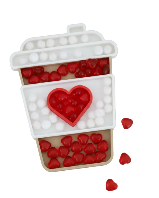 sensory tray in shape of coffie cup with red heart