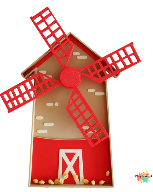 Windmill-shaped sensory tray made from eco-friendly PLA, farm-inspired Montessori sensory play tool.