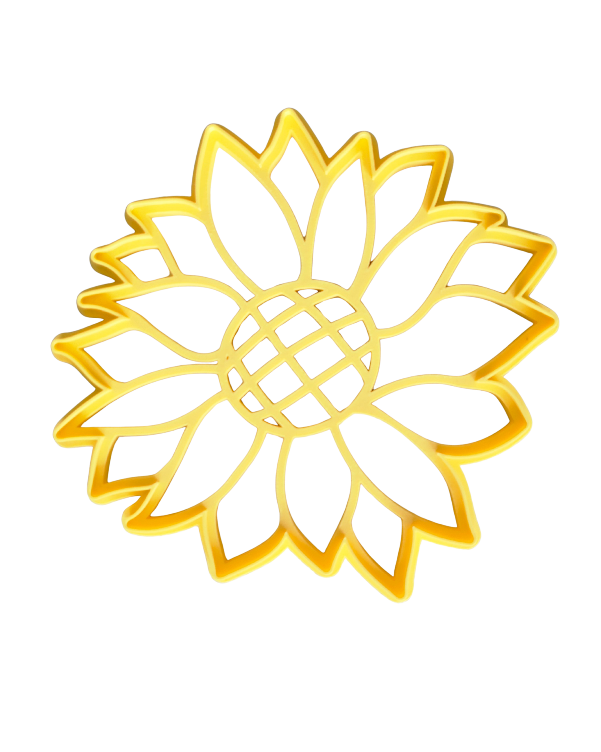 XXL sunflower playdough cutter 20cm in golden yellow bio-PLA with detailed diamond grid seed centre and two rows of layered petals — Playtessori Montessori garden play cutter and stamp tool for toddlers