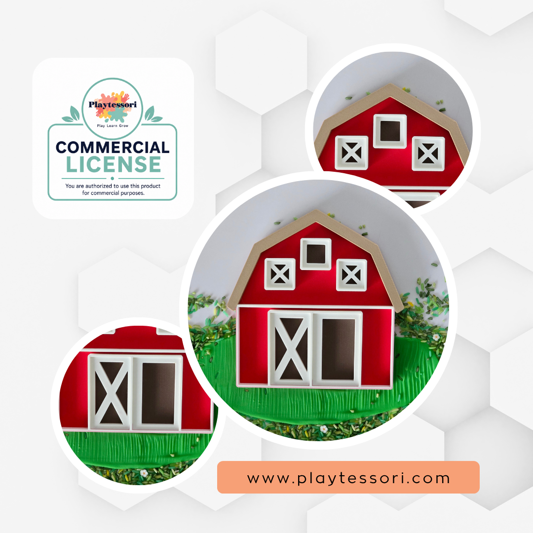 Barn sensory tray STL file with commercial license, close-up of barn doors and window compartments