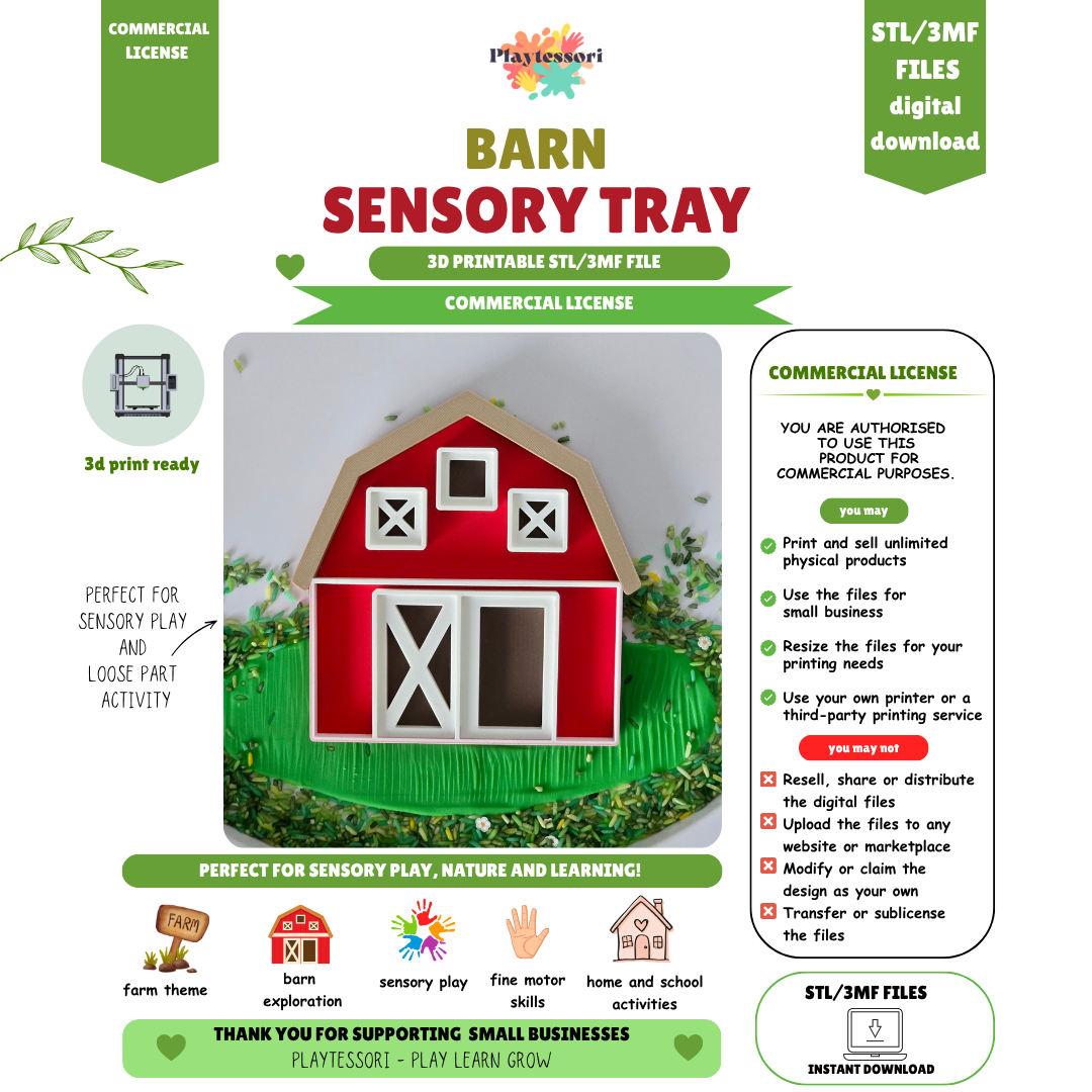 Barn sensory tray STL 3MF file with commercial license, red farmhouse Montessori sorting tray