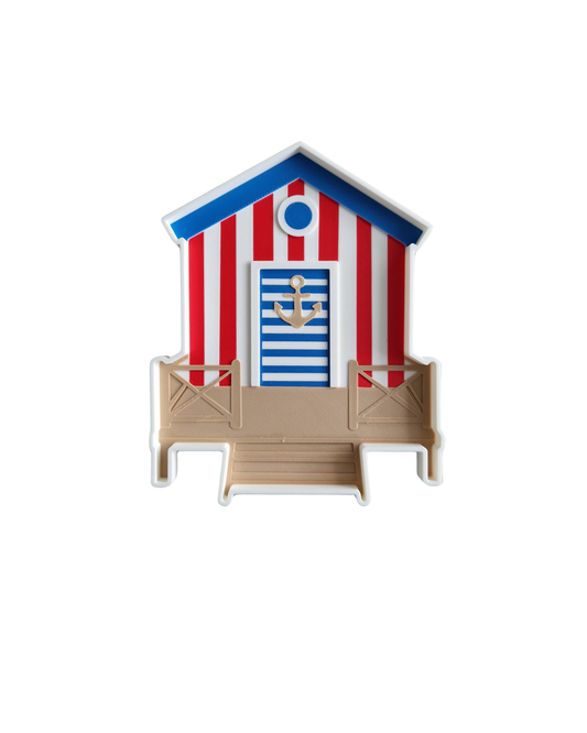 Beach house sensory tray in red, white and blue bio-PLA with anchor door detail, wooden deck, railings and steps — Playtessori 3D printed Montessori ocean sensory play tray for toddlers, 16x13cm CE marked