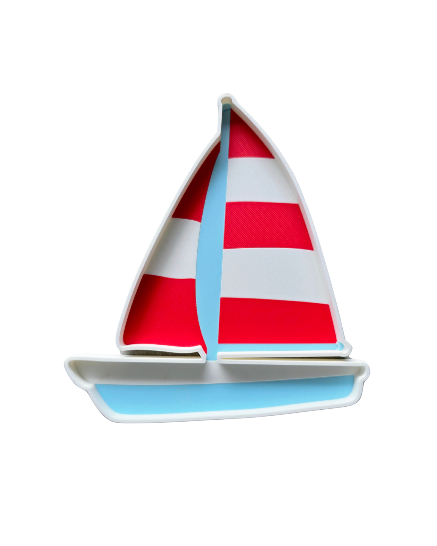 Red and white striped sailboat sensory tray with light blue hull, 15cm, 3D printed from eco bio-PLA — Playtessori Montessori nautical ocean sensory play tray for toddlers and preschoolers