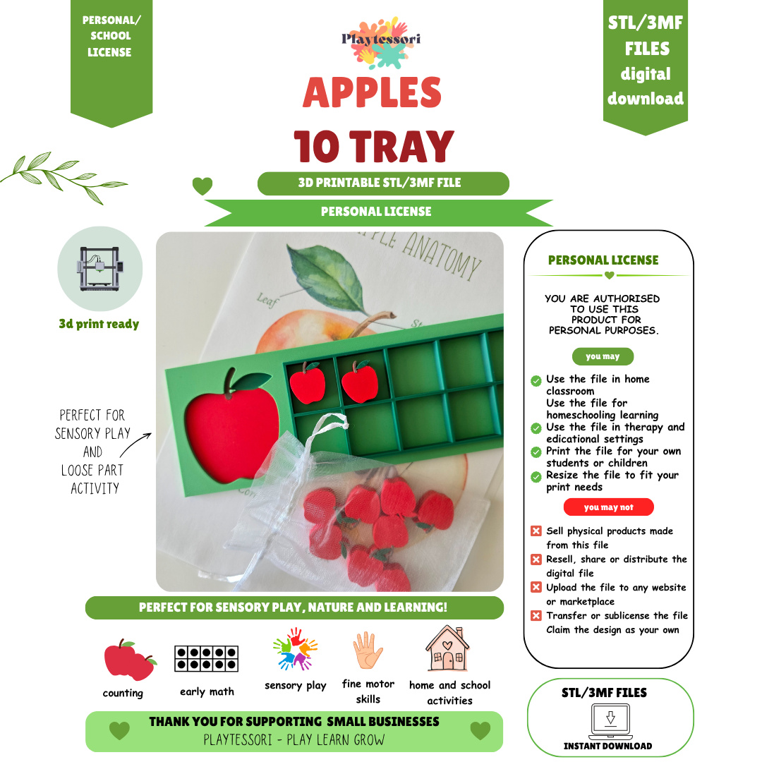 Apple ten frame counting tray STL file with personal school license, math counting digital download