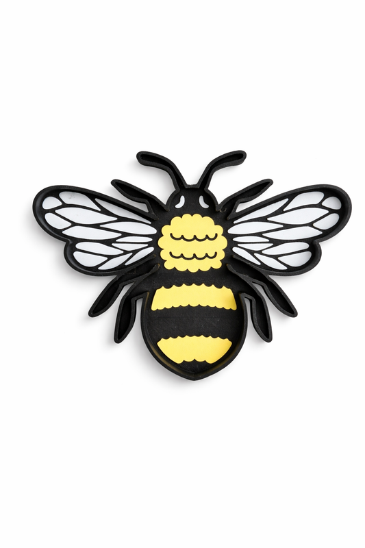 Black and yellow bumblebee sensory tray with detailed raised vein wing pattern, yellow thorax and abdomen sections, approximately 20cm, handcrafted in Belgium from eco bio-PLA — Playtessori CE marked Montessori nature sensory play tray for toddlers