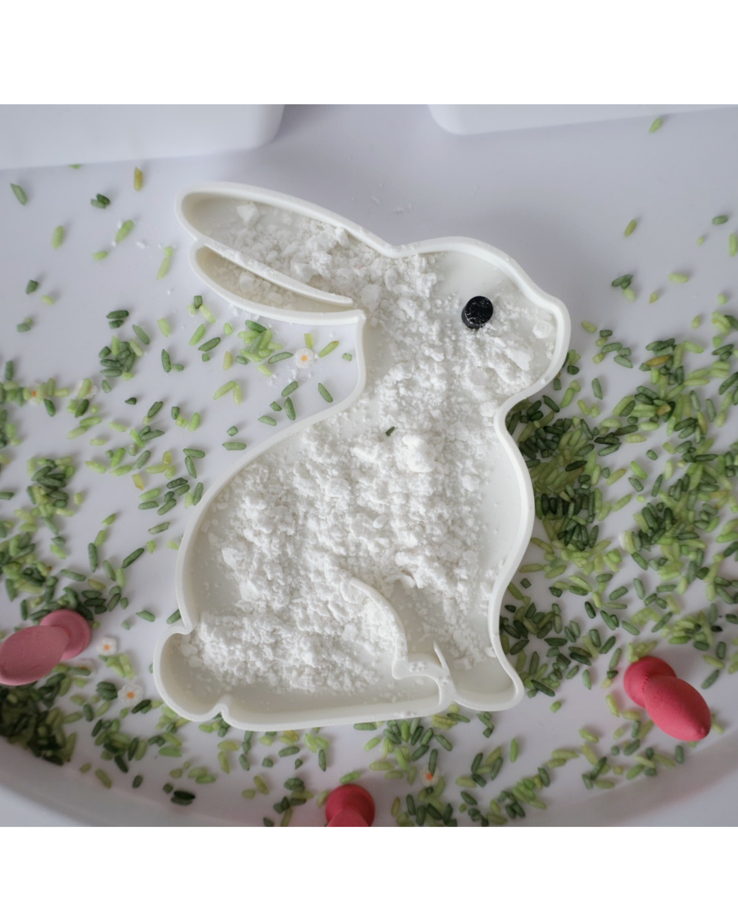 White bunny sensory tray for Easter themed sensory play made from eco-friendly PLA